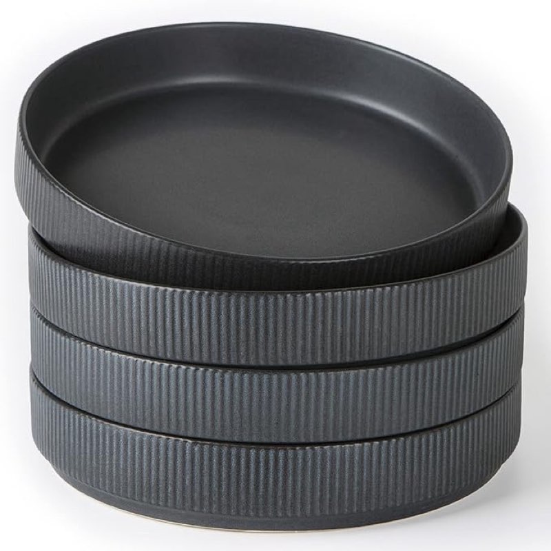 famiware star 8.25" pasta bowls, large dinner bowls set of 4, salad bowl plates, shallow bowls for eating, matte dark charcoal (full glaze)