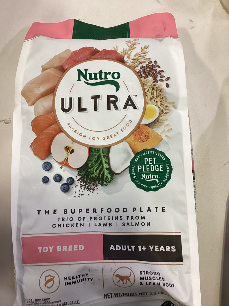 Condition photo showing New/Like New for Nutro Ultra Adult Toy Breed Dry Dog Food, Chicken, Lamb and Salmon Protein Trio, 3.5 lb Bag (best by mar. 10, 2026)