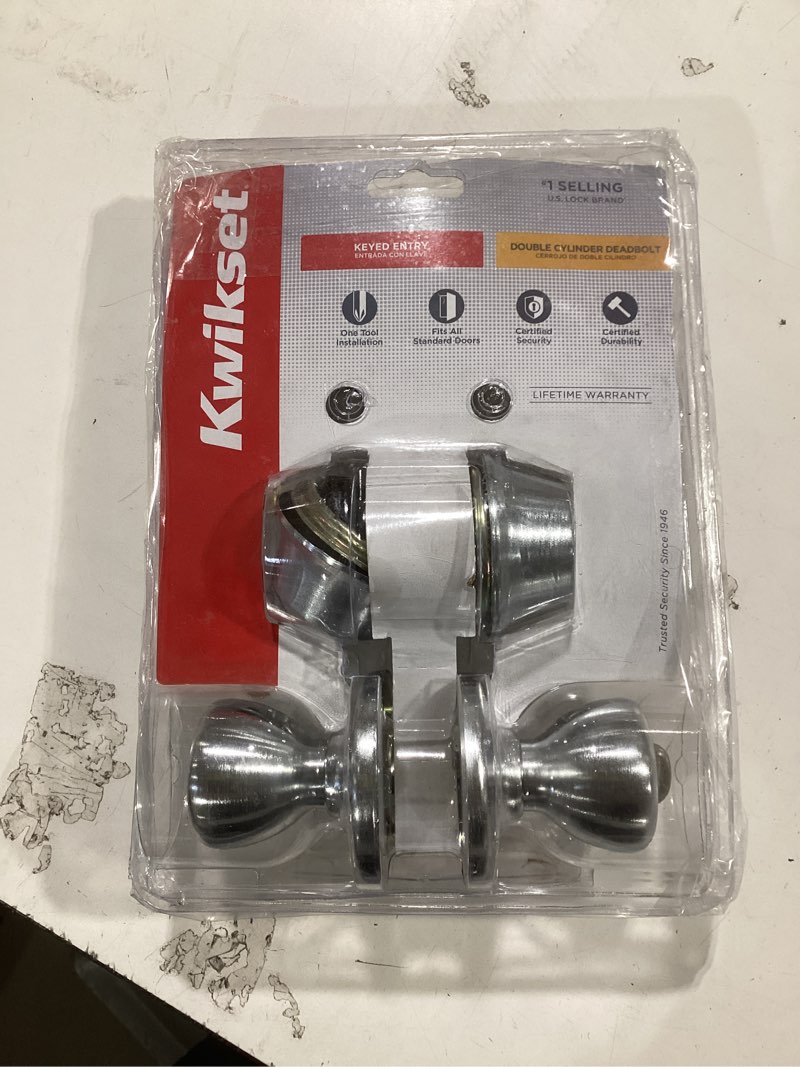 Condition photo showing As Is for Tylo Satin Chrome Entry Knob and Double Cylinder Deadbolt Combo Pack