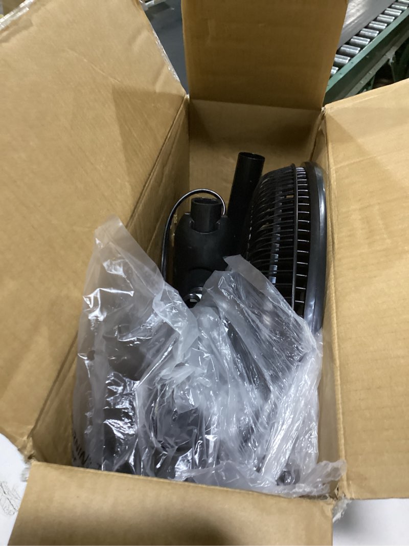 Condition photo showing As Is for comfort zone 16” oscillating pedestal fan  3-speed options  90-degree oscillating head  adjustable height and tilt  powerful air flow  black