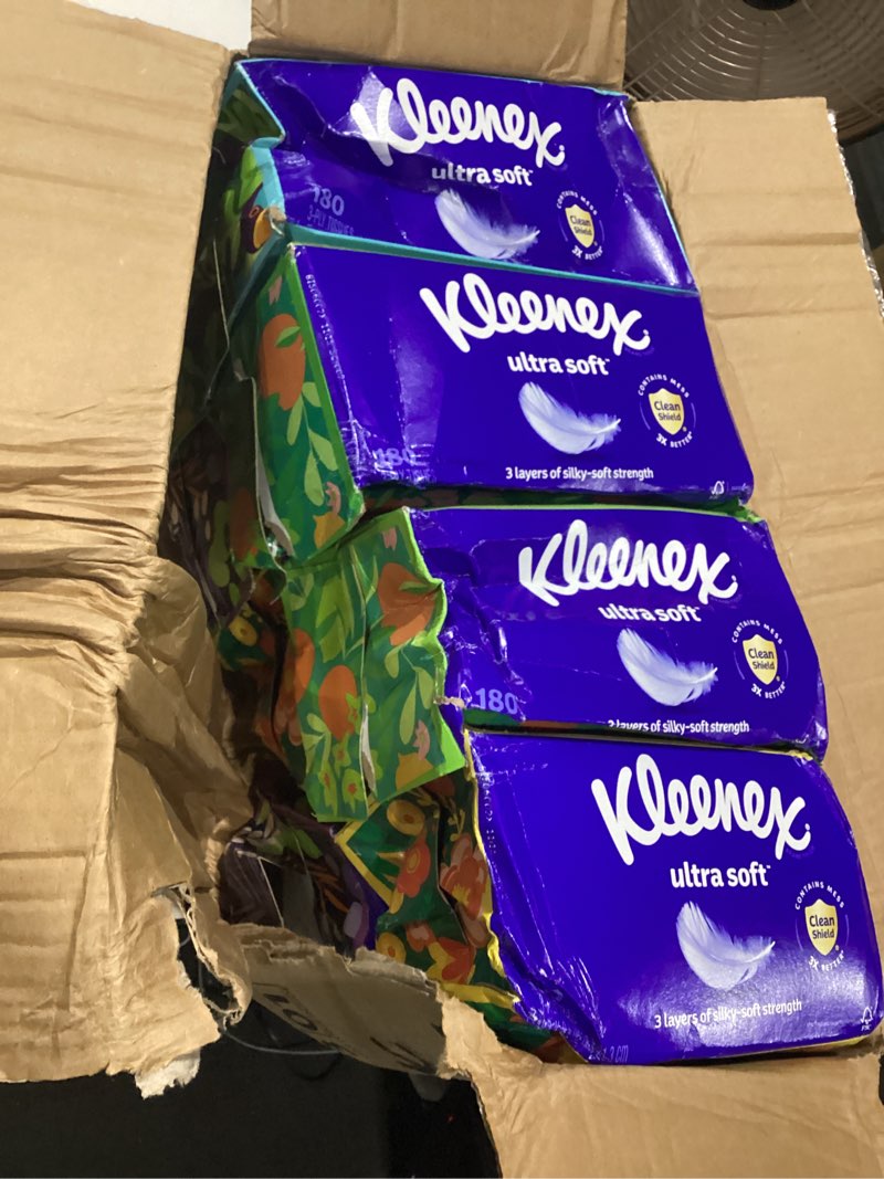 Condition photo showing As Is for kleenex ultra soft facial tissues, 8 flat boxes, 180 tissues per box, 3-ply, packaging may vary white 180 tissues (pack of 8), damaged