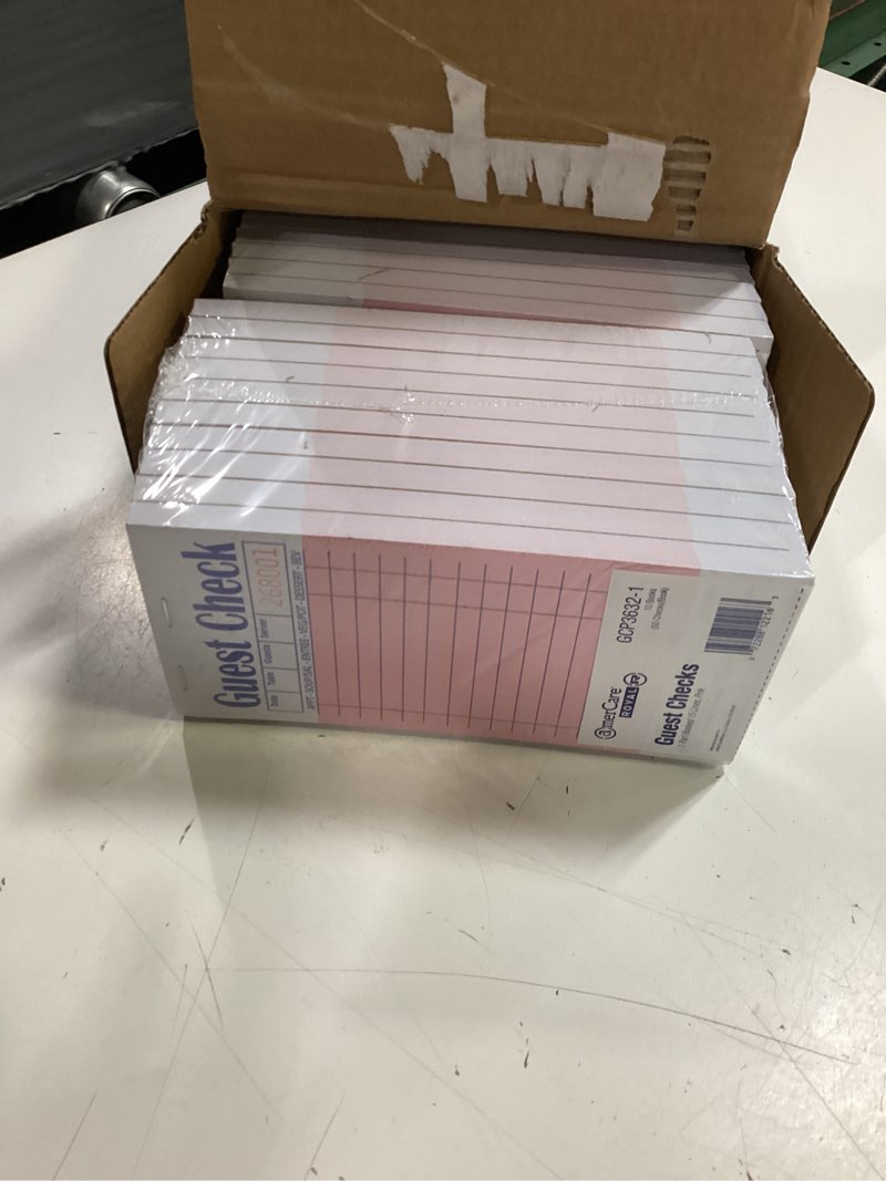 Condition photo showing New/Like New for amercare royal pink guest check paper receipt book, carbonless order book with 15 lines, 1 part booked, case of 50 server notepad books
