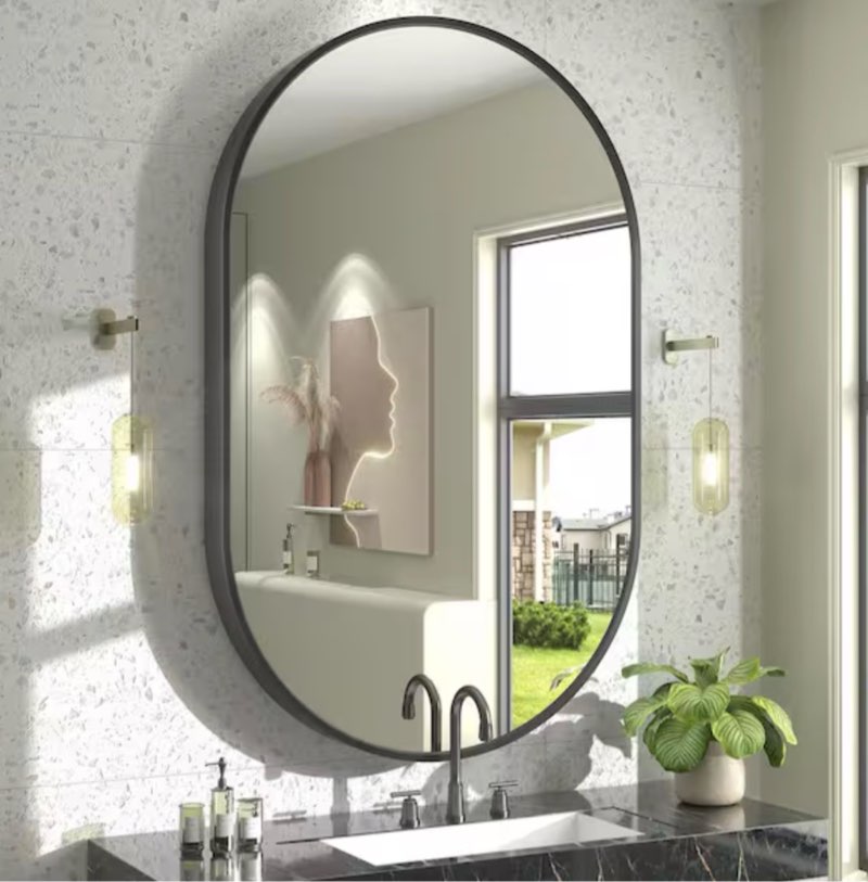 30 in. w x 48 in. h oval aluminum alloy framed and tempered glass wall decor bathroom vanity mirror in matte black