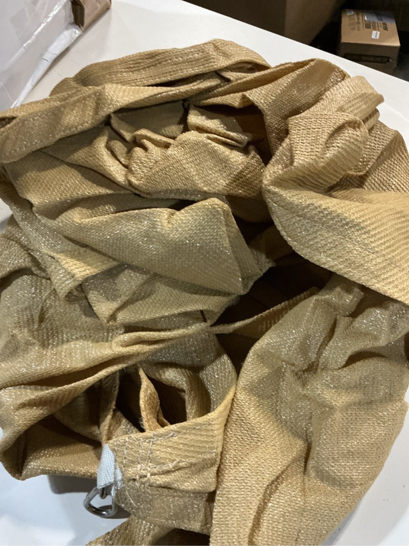 Condition photo showing As Is for right triangle 12' x 12' x 17' sand sun shade sail canopy awning for patio backyard lawn garden outdoor activities grade uv block mesh netting, we can make custom sizes