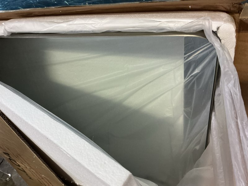 Condition photo showing As Is for loaao 30x36 inch brushed nickel bathroom mirror, rounded rectangle silver metal frame mirror, brushed nickel, anti-rust, shatter proof, hangs horizontally or vertically brushed nickel 30"l x 36"w