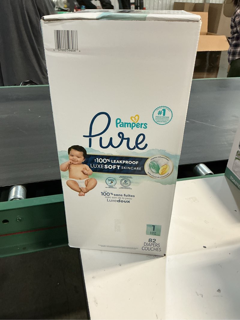 Condition photo showing New/Like New for pampers pure protection baby diapers, size 1 (8-14 lbs), 82 count, up to 100% leakproof, premium plant-based skin protection, hypoallergenic soft diapers size 1 82
