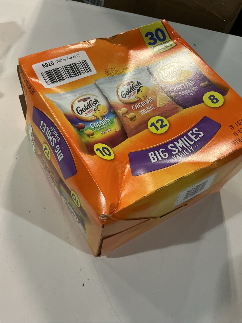 Condition photo showing New/Like New for (06-21-26)Goldfish Crackers Big Smiles Variety Pack with Cheddar, Colors, and Pretzels, Snack Packs, 30 Ct