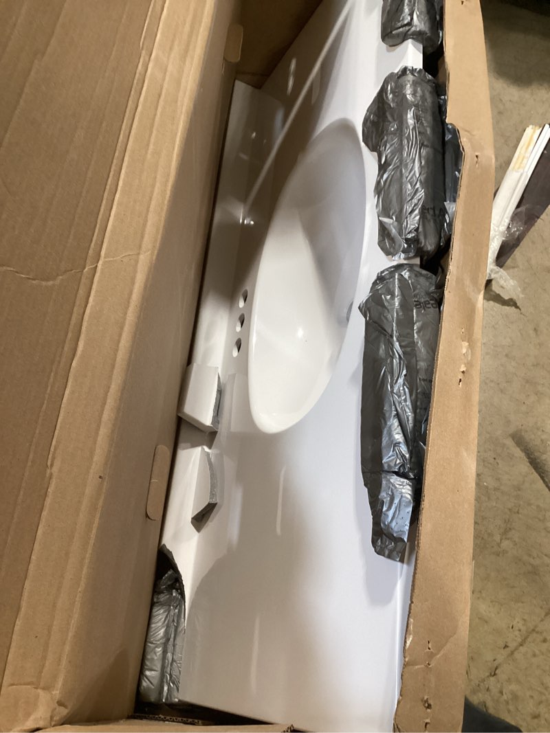 Condition photo showing As Is for project source 49-in x 22-in white cultured marble single sink 4-in centerset faucet mount bathroom