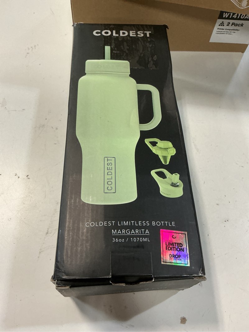 Condition photo showing New/Like New for coldest tumbler with handle and straw - 100% leak proof insulated tumbler with lid and straw (3 lids) - stainless steel tumblers for women & men - cup holder friendly base, 36 oz (margarita) 36 oz margarita (green)