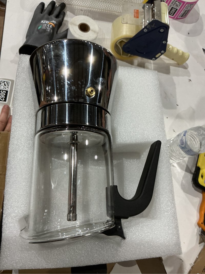Condition photo showing As Is for stovetop espresso maker, 3cup 160ml moka pot, crystal glass-top & stainless steel coffee maker mocha pot, greca de cafe, cuban and italian coffee maker for cafetera cubana 3-cup silver