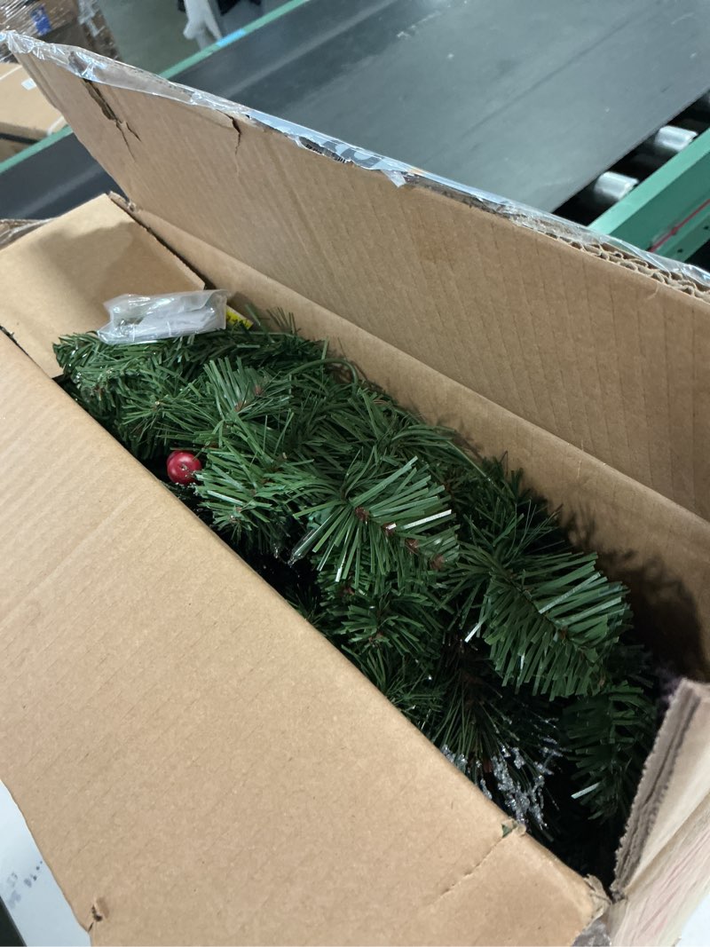 Condition photo showing Good Condition for National Tree Company 24 in Pre-Lit Crestwood Spruce Artificial Christmas Wreath, Christmas Decoration with Glitter, Pinecones, Red Berries, 50 Clear Lights, 160 Tips, Green