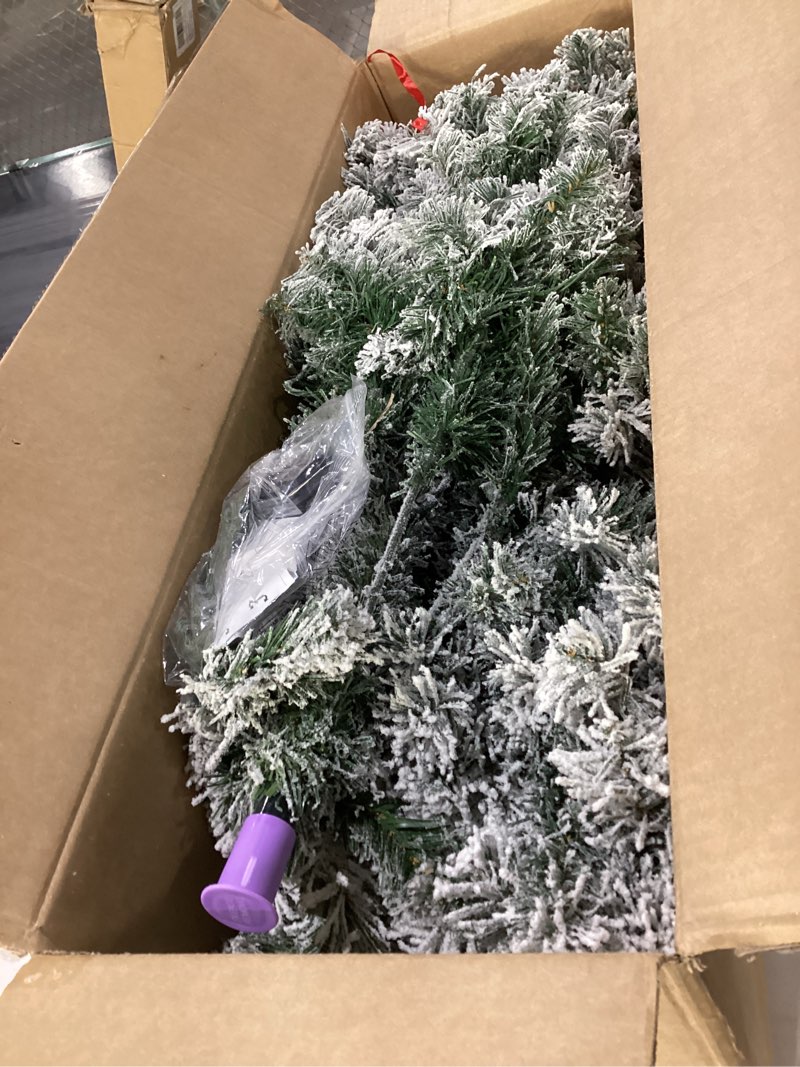 Condition photo showing Good Condition for sweetcrispy 6ft pre-lit snow flocked artificial christmas tree, prelighted artificial hinged spruce xmas tree with 700 branch tips, 250 incandescent lights & foldable base for home, office, party full-green & white 6ft