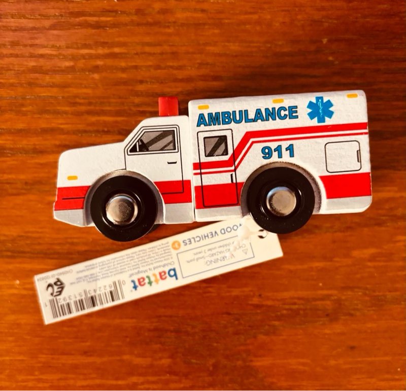 Joseph Battat Wooden 911 Ambulance 3.5" x 1.5" Rolling Wheels
