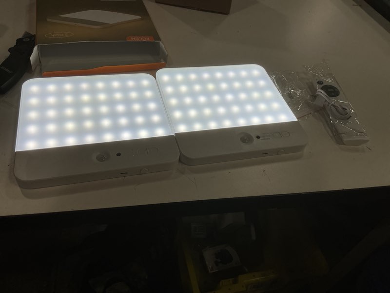 Condition photo showing New/Like New for fulen motion sensor ceiling light fixture, cordless closet light battery operated, rechargeable magnetic mount led shower light for bathroom,stairs,garage,hallway, color change, 2 pack white 2 pack