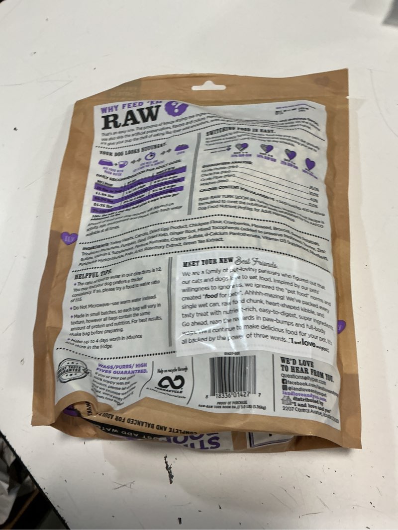 Condition photo showing Good Condition for ( bb/11/my/2026) i and love and you stir and boom dehydrated freeze dried raw dog food - turkey - grain free, real meat, no fillers, 3lb bag turkey 3 pound (pack of 1)