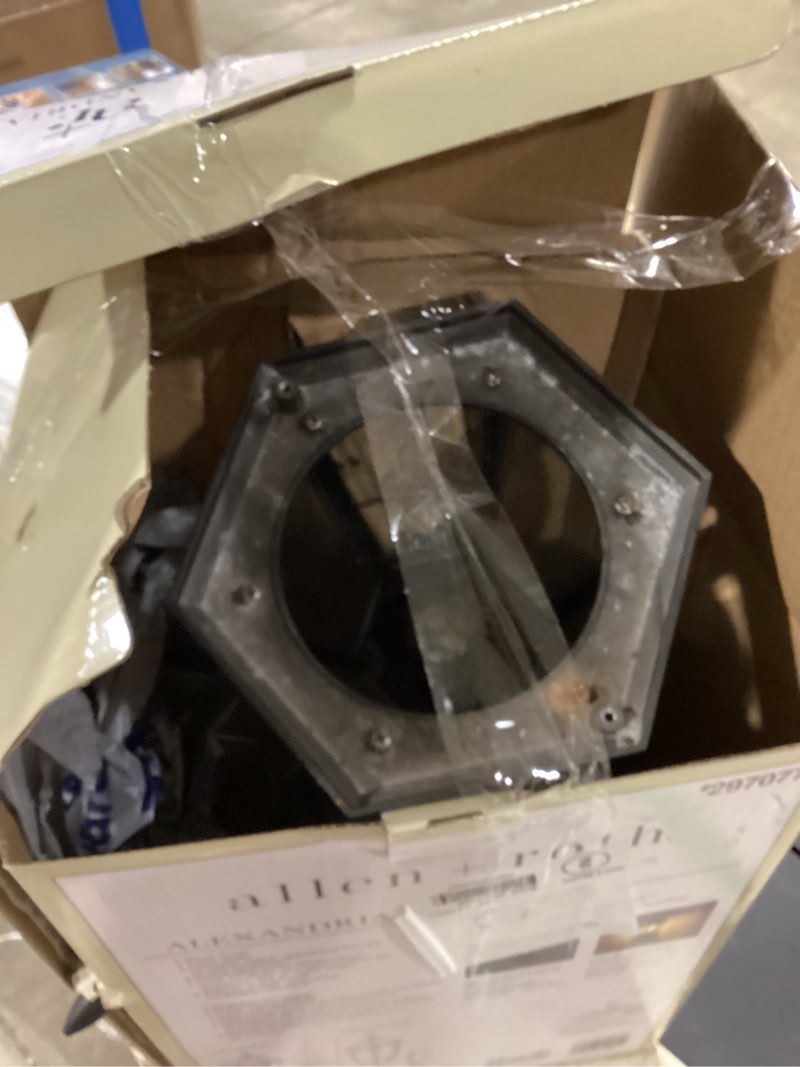 Condition photo showing As Is for allen + roth alexandria 1-light 17.5-in h black motion sensor outdoor wall light