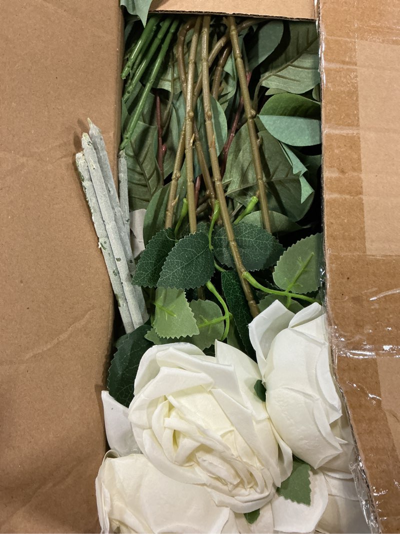 Condition photo showing Good Condition for 36 pcs white artificial flowers bouquet set 8 kind faux delphinium rose peony chrysanthemum hydrangea baby's breath florals with greenery long stem for wedding table centerpiece vase decor