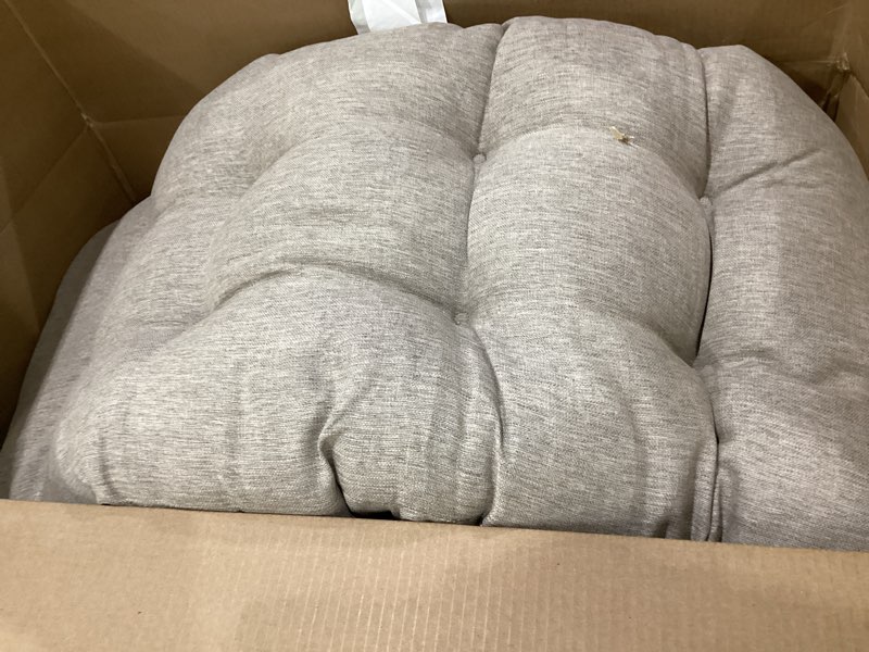 Condition photo showing As Is for seat cushions for outdoors, tan/gray color, 2 small pillows, 2 cushions, 1 long cushion