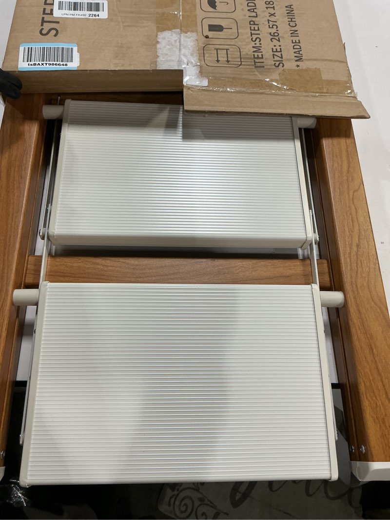 Condition photo showing New/Like New for 2-Step Aluminum Ladder,Lightweight Folding Step Stool with Extra-Wide Anti-Slip Steps,330 lbs Capacity,Compact Space-Saving Design for Home,Kitchen and Office?White&Woodgrain? White&woodgrain 2 Step