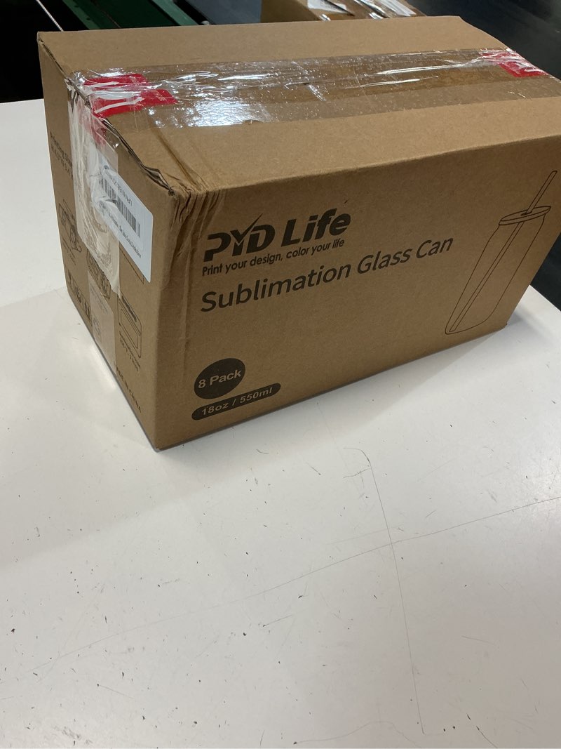 Condition photo showing New/Like New for pyd life 8 pack sublimation glass cans tumblers cups frosted bulk 18 oz | glass cups with lid and straw for iced coffee, juice, soda, drinks, beer, for tumbler heat press sublimation oven printing 8 pack-frosted