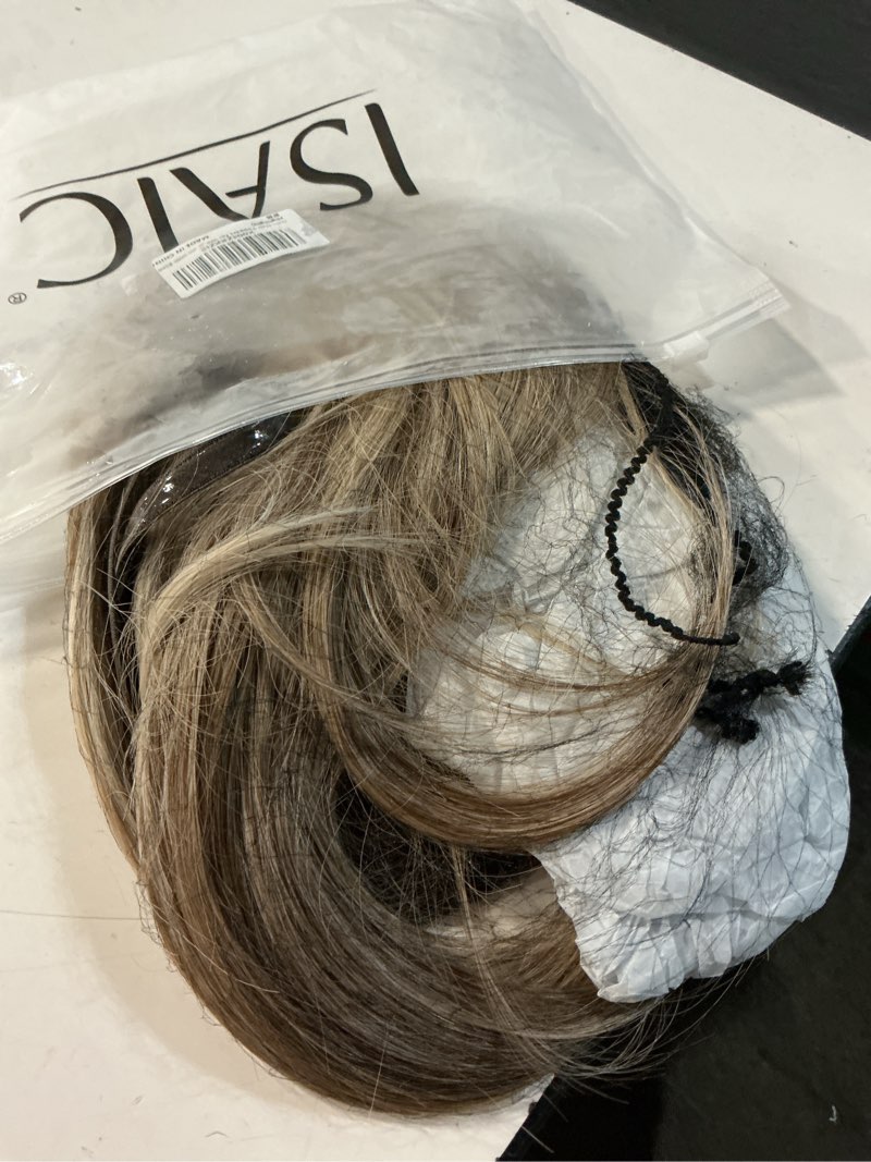 Condition photo showing Good Condition for isaic hair toppers for women, 5x6 inch large base clip in,18 inch blonde | for thinning hair,ombre light brown with blond highlight,synthetic clip in hair topper with adjustable band