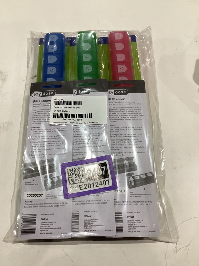 Condition photo showing New/Like New for Similar item 6 colors/////EZY DOSE Weekly (7-Day) Pill Case, Medicine Planner, Vitamin Organizer Box, 4 Times a Day, Large Compartments, Easy Fill All Compartments at Once Organizer, Multi-Colored, BPA Free 1x a day -Medtime Planner