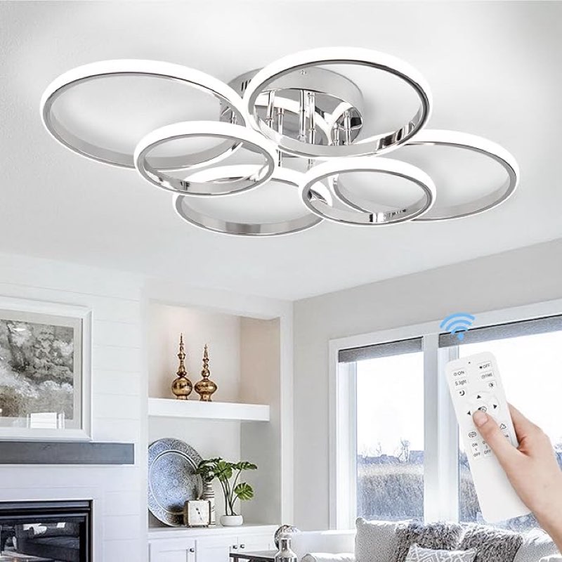 Modern Ceiling Lights, 6 Rings Dimmable Chrome LED Ceiling Light Fixtures with Remote Control, 60W Close to Ceilings Lighting for Living Room, Bedroom, Dining Room