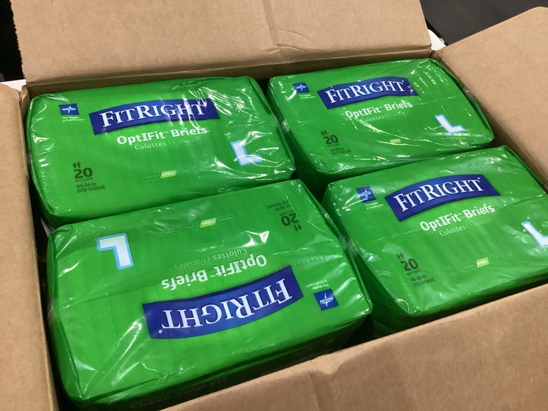 Condition photo showing New/Like New for fitright adult diapers, extra+ heavy absorbency, l (waist size 44in-56in), 80 count, optifit incontinence briefs for men and women, disposable, moisture-wicking, leak protection. 80 count large