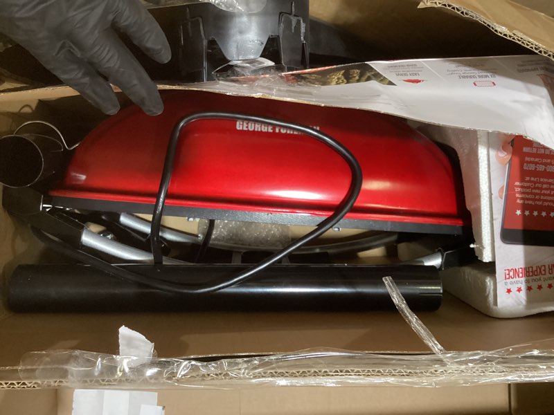 Condition photo showing As Is for George Foreman Indoor Outdoor Electric Grill, Non-Stick Grill Griddle Plate, Healthy Grilling Drip Tray Reduces Fat, Portable Barbeque