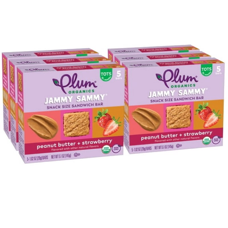 Best before 01/20/2026 Plum Organics Jammy Sammy Snack Bars, Peanut Butter and Strawberry, 1.02 oz Bars, 5 Count, 6 Pack