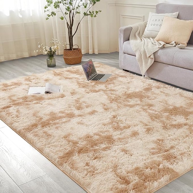 Andency 6x9 Area Rugs, Large Shag Fluffy Soft Shaggy Rugs for Living Room Bedroom, Non-Slip Tie-Dyed Beige Thick Plush Carpet for Kids Girls and Boys, Dorm Nursery Home Decor Aesthetic