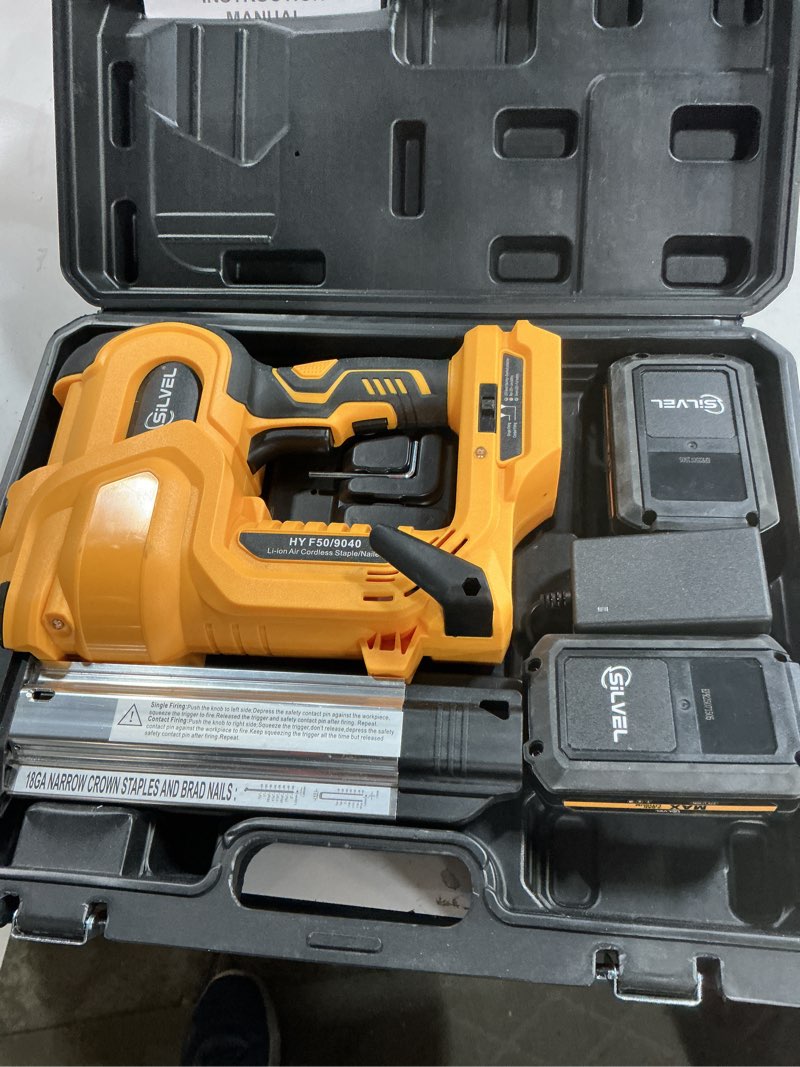 Condition photo showing Good Condition for SILVEL 2" Cordless Brad Nailer, 2-in-1 21V Electric Brad Nailer with 2 * 2.0Ah Battery, 1000pcs Nails, 18GA Staples, Adjustable Depth for Woodworking, Home Improvement, yellow Yellow-2a