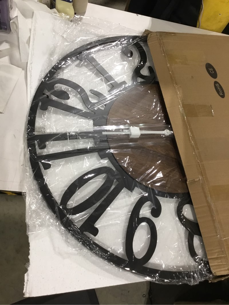 Condition photo showing As Is for LEIKE 32" Oversized Large Wall Clocks,Silent,Non Ticking,Battery Operated Modern Round Big Wood Decorative Metal Wall Clock for Living Room, Bedroom,Kitchen,Farmhouse,Office Decor - Black,32 Inch 32 inch Walnut and Arabic Number