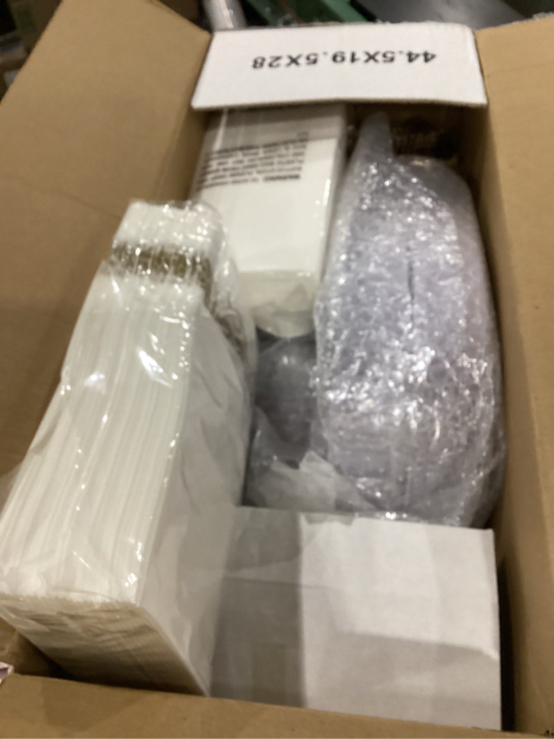 Condition photo showing As Is for hioasis 350pcs white and gold plates - white party plates for 50 guest, include 100 heavy-duty plates(20% thicker than standard), 150 cutlery set, 50 napkin, 50 cups 350 pieces (50 guests) white and gold