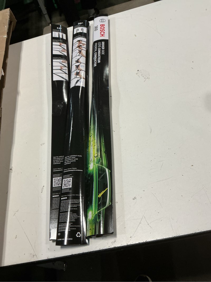 Condition photo showing New/Like New for BOSCH B36006 360 Complete Vehicle Wiper Blade Replacement - Includes Front Beam Blades (Pair) + Rear Wiper Blade (1) - 26"/20"/12" Front (26" & 20") + Rear (12") 360 Combo Pack (Front + Rear)
