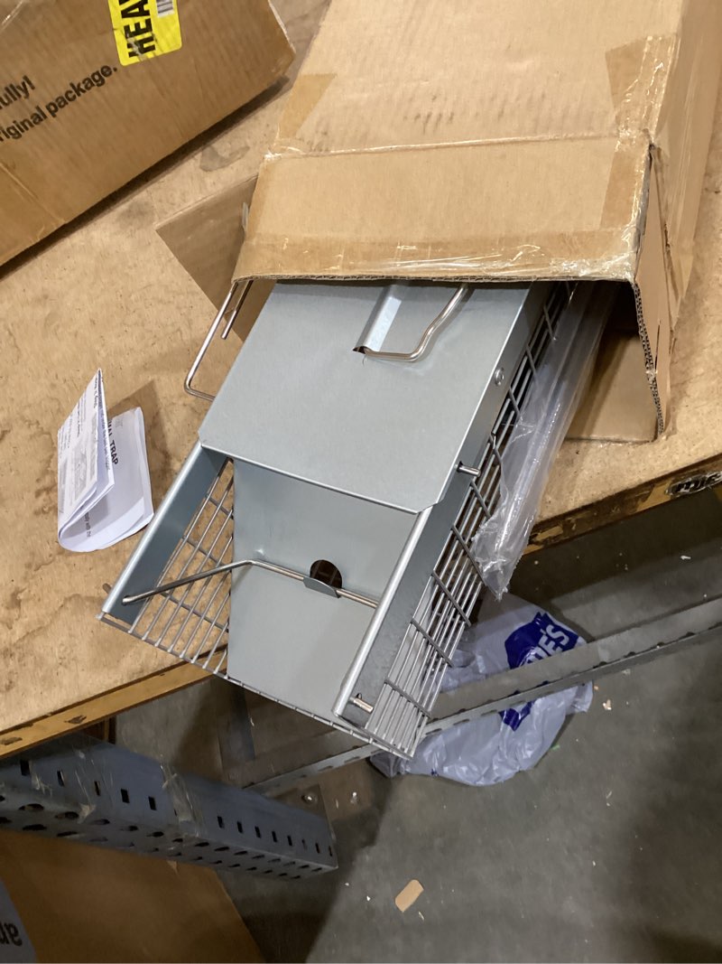 Condition photo showing New/Like New for homestead live rat trap indoor/outside - squirrel trap, have a heart animal for chipmunk, small rabbits, weasel and similar-size rodents, 18"x5"x5", 2 doors, fully assembled 18 inch