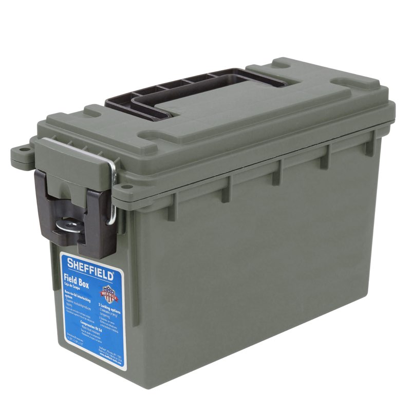 Sheffield 12626 Field Box, Plastic Ammo Can for Pistol, Rifle, and Shotgun Ammo, Water Resistant Ammo Box, Ammo Storage Box w/ 3 Locking Options, Olive Drab Green Ammo Cans, Made in The U.S.A.