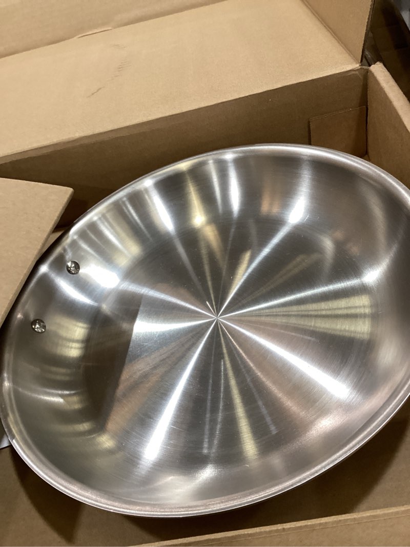 Condition photo showing As Is for All-Clad D3 12" Stainless Steel Frying pan W/Lid, 3-Ply Stainless Steel Pan, Induction, Oven Broiler Safe 600F Skillet, Professional Cookware, Silver Silver 12 inch with lid