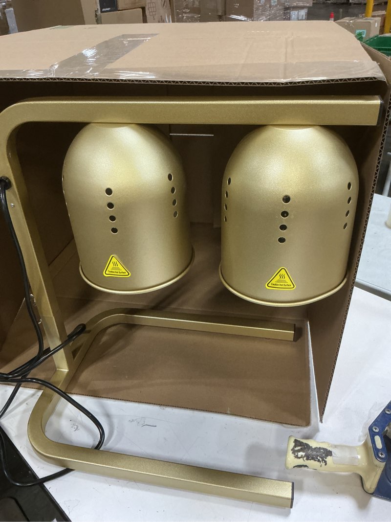 Condition photo showing Good Condition for VORIGY Heat Lamp for Food, with Two 250W Bulbs for Fast and Even Heating, Food Heat Lamp with Adjustable Height Stand, Commercial Food Warmer Lamp for Home, Fast Food Restaurant, Buffet, Bakery, Gold