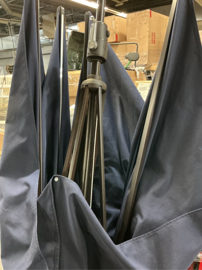 Condition photo showing As Is for 10-ft steel navy push-button tilt market patio umbrella with lights