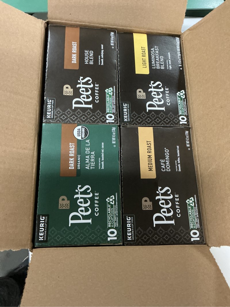 Condition photo showing Good Condition for (BB/1306/2025) Peet's Coffee, Keurig K-Cup Pods Variety Pack - Luminosa Breakfast Blend, Café Domingo, Organic Alma De La Tierra, House Blend, 40 Count (4 Boxes of 10 Pods) Variety Pack 10 Count (Pack of 4)