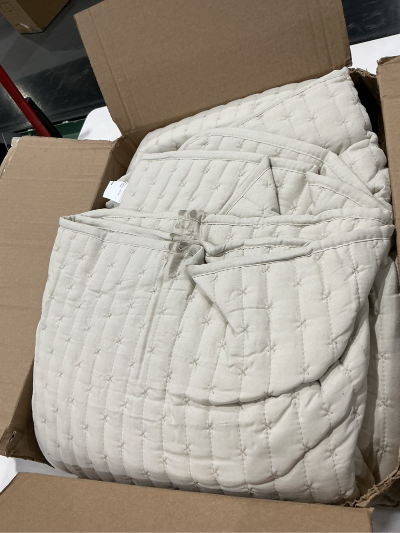Condition photo showing As Is for wdcozy beige cross stitch king size quilt set, netural striped lightweight soft bedspread, channel farmhouse rustic coverlet, all season country bedding, thin comforter beige king(104"x90")