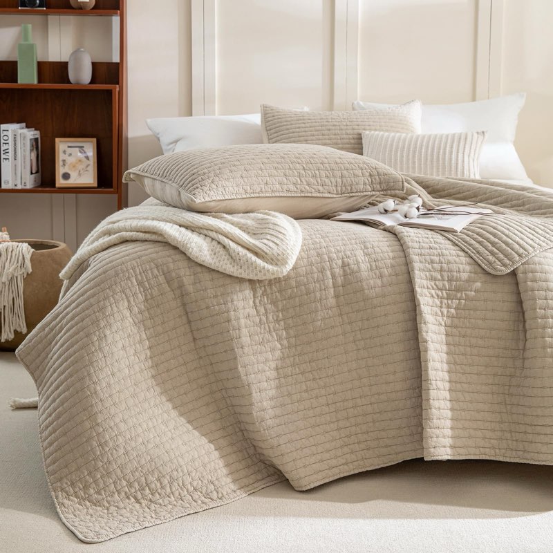 sanracie cotton oversized king bedspread(128"x120"), soft dark wheat color stonewashed extra large w