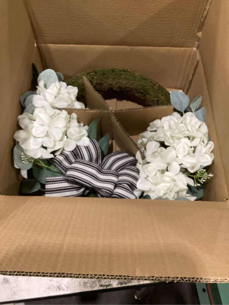 Condition photo showing New/Like New for collective home - artificial wreath, 20" artificial wreath for front door, spring green leaf for window wedding, home porch patio garden decor (flocked moss finish cream hydrangea)