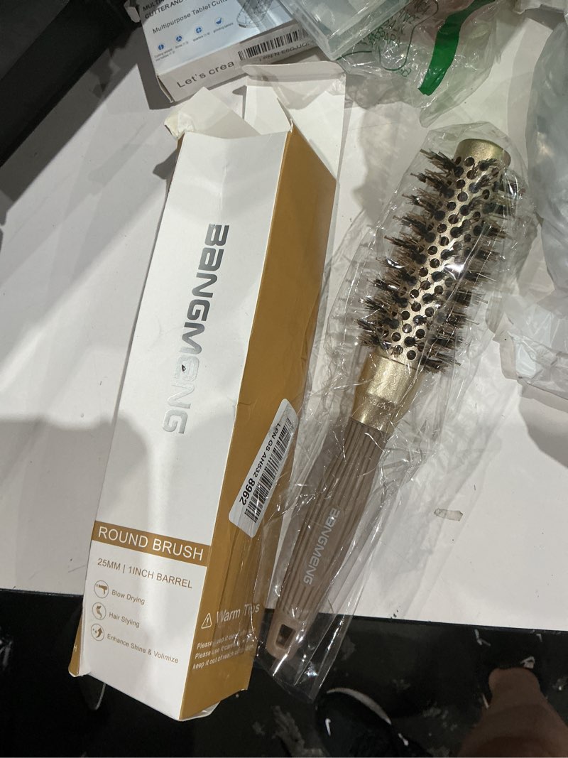 Condition photo showing Good Condition for bangmeng round brush with boar bristles, 1 inch barrel, nano thermal ceramic ionic tech for straightening and blow drying, gold 1 inch barrel(2.25 inch with bristles)