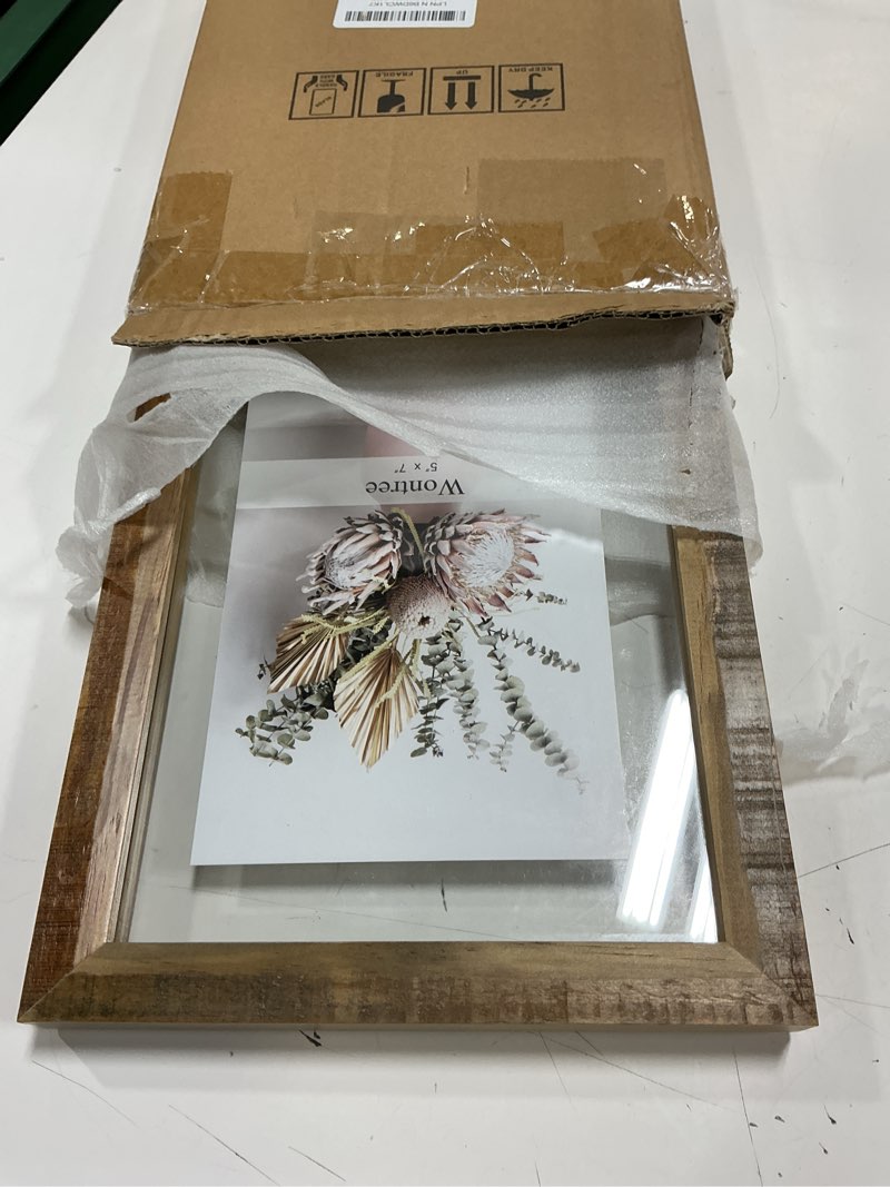 Condition photo showing Good Condition for 7x9 floating picture frame, solid pine wood with double sided real glass, fit 5x7 or display any size photo up to 7x9, wall hanging or tabletop free-standing, antique natural antique natural 7x9