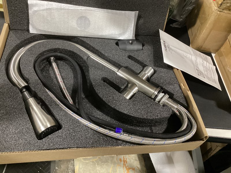 Condition photo showing Good Condition for hurran kitchen sink faucet with pull down sprayer, 2 handles high arc stainless steel kitchen faucet with escutcheon, suitable for kitchens, rvs, and bars, brushed nickel