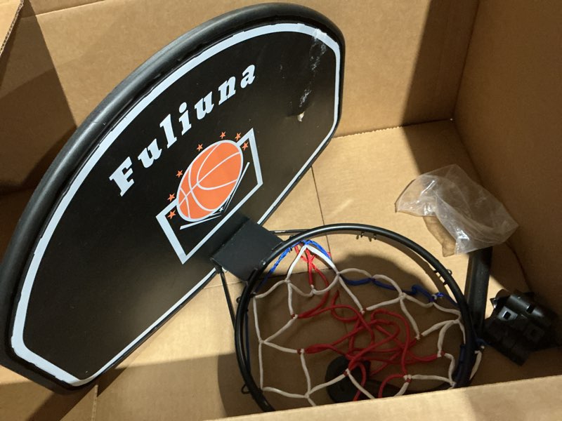 Condition photo showing As Is for trampoline basketball hoop, easy to install basketball hoop for trampoline with mini ball and pump, basketballs hoop with protective net fit for 25mm straight pole and curved pole trampolines