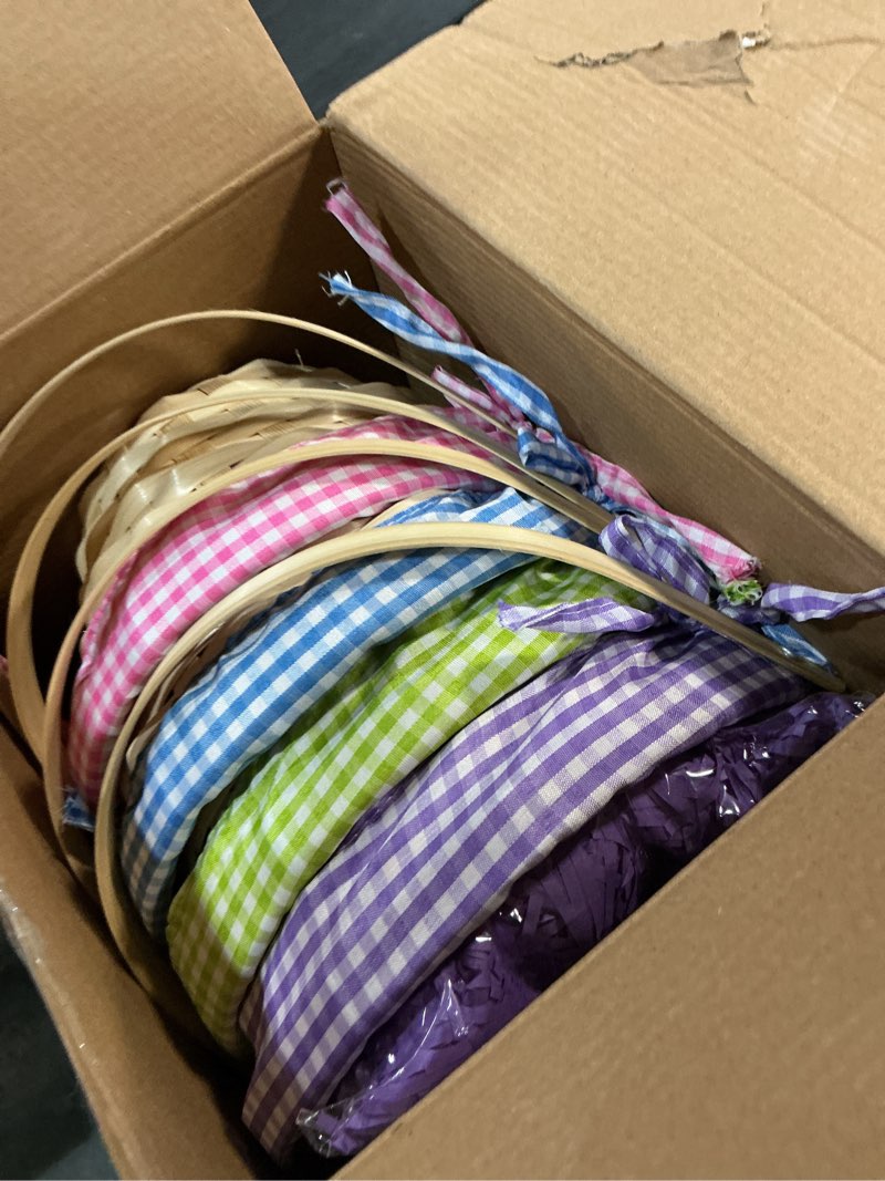 Condition photo showing Good Condition for joyin 4 pcs easter bamboo baskets gift woven baskets with handles and 4 colors grass paper shreds, candy wicker candy toys storage bucket for easter egg hunt, kids party supplies(9" x 8")