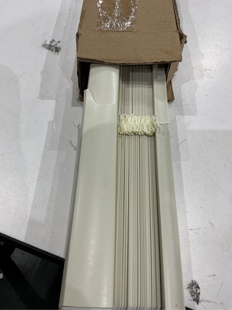 Condition photo showing As Is for lotus & windoware cordless mini blind, 1" vinyl slats, 24" wide x 72" long - alabaster, window blinds for home and office, interior door blinds - light filtering 24"w x 72"h alabaster